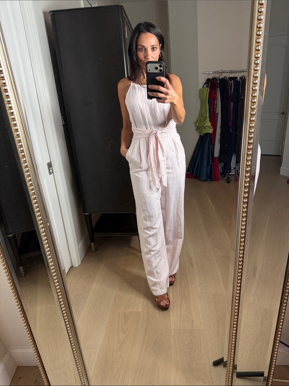 LOFT Pink and White Striped Spaghetti-Strap Jumpsuit